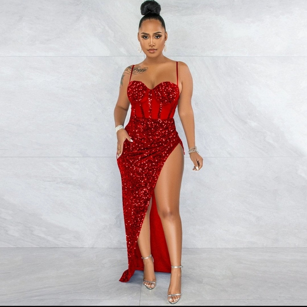 COPY - Zachics deep slit sequin asymmetrical spaghetti see-through gown